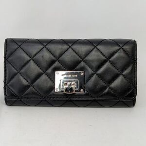 Michael Kors Quilted Leather Wallet Black Trifold Continental Push Lock Silver